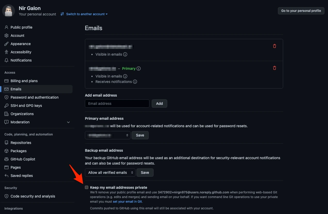 GitHub Private Email Settings